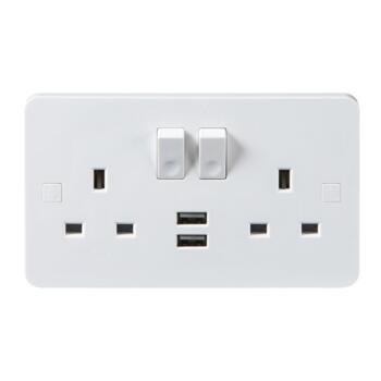 White 13A Switched Socket With Dual USB Charger - 2 Gang