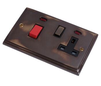 Aged Finish 45A DP Cooker Switch & 13A Socket - With Black Interior
