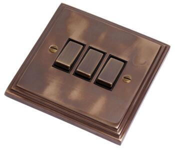 Aged Finish Light Switch - 3 Gang Triple 2 Way - With Black Interior