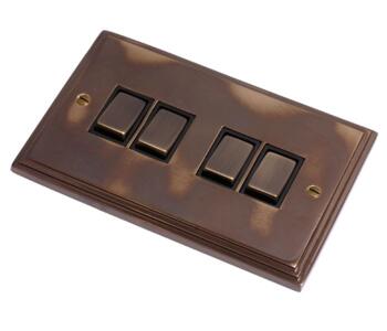 Aged Finish Light Switch - 4 Gang 2 Way Quad  - With Black Interior