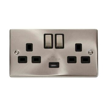 Polished Chrome Double Socket With USB Charger  - Double 2 Gang With USB - Black