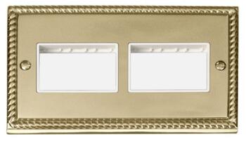Georgian Brass Empty Grid Switch Plate - 3+3 module with white interior