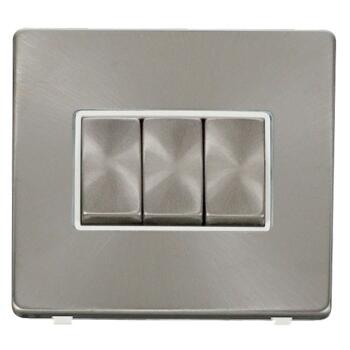 Screwless Brushed Steel Light Switch Triple  - With White Interior