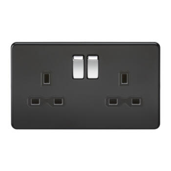 Screwless Matt Black Double Switched Socket With Chrome Rocker Switches - 2 Gang DP 