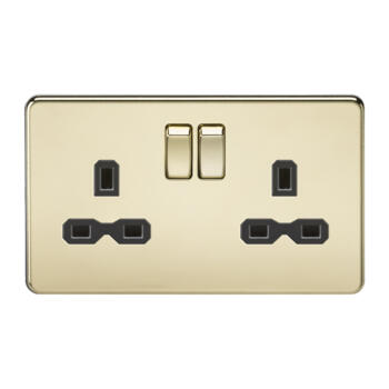 Screwless Polished Brass Double Switched Socket - With Black Interior