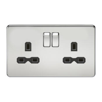 Screwless Polished Chrome Double Switched Socket - With Black Interior