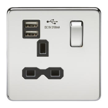 Screwless Polished Chrome Single Switched Socket With Dual USB Charger - With Black Interior
