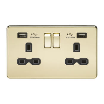 Screwless Polished Brass Double Switched Socket With Dual USB Charger - With Black Interior
