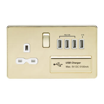 Screwless Polished Brass Single Switched Socket With Quad USB Charger - With White Interior