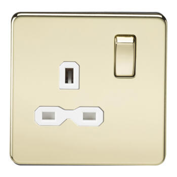 Screwless Polished Brass Single Switched Socket - With White Interior