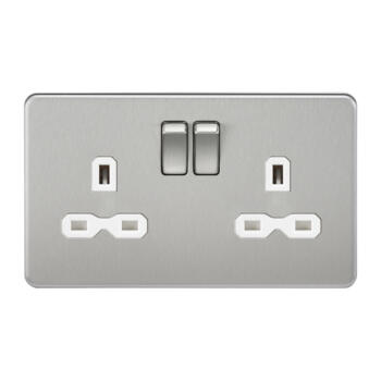 Screwless Brushed Chrome Double Switched Socket - With White Interior