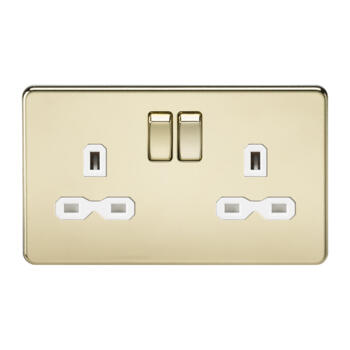 Screwless Polished Brass Double Switched Socket - With White Interior