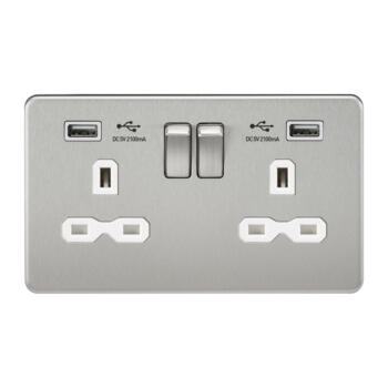 Screwless Brushed Chrome Double Switched Socket With Dual USB Charger - With White Interior
