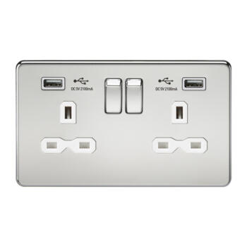Screwless Polished Chrome Double Switched Socket With Dual USB Charger - With White Interior