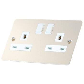 1M Satin Chrome & White 13A Switched Socket - Double Socket 2 Gang Switched