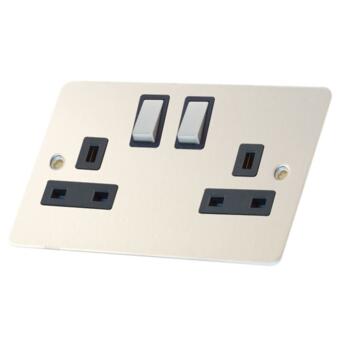 13 Amp Socket Outlets with Black Inserts - 2 Gang Switched DP + 2 Earth Terminals