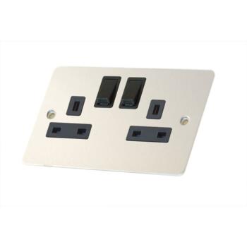 1M Satin Chrome & Black 13A Switched Socket - Double Socket 2 Gang Switched